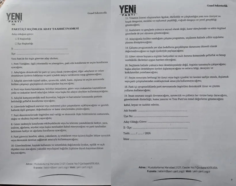 Yeni Parti Den Il Ve Ilce Baskani Adaylarina Taahhutname Torpil Yasaklandi Mal Varligi Bildirimi Zorunlu Kilindi